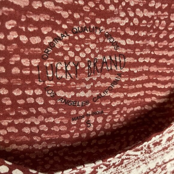 Lucky Brand Women's sz S Red Tan Print Boho Asymmetrical 3/4 Sleeve Top Shirt - Picture 7 of 8